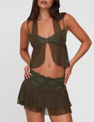 Adelina Mini Skirt - Green : Khaki Green : Ivory