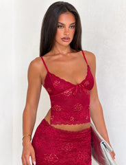 Kirra Beaded Sequin Lace Top - Red