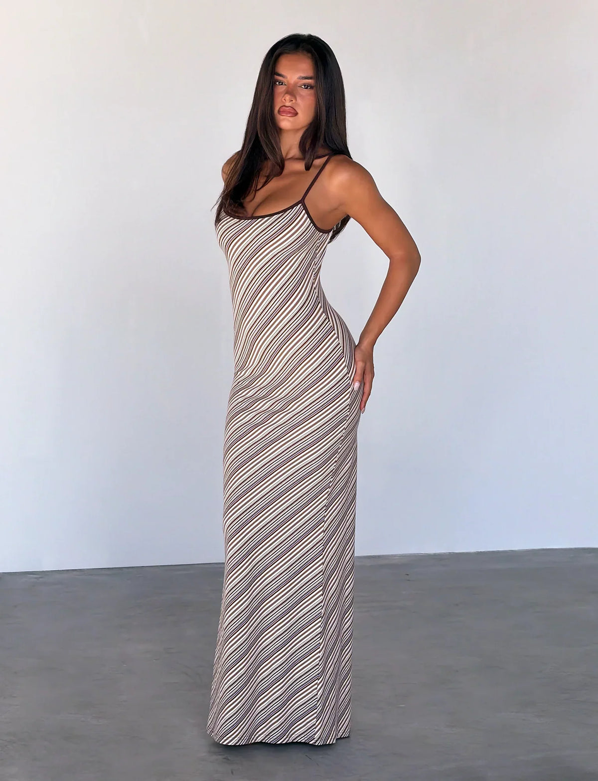 Sloane Maxi Dress - Tan And Choc Stripe