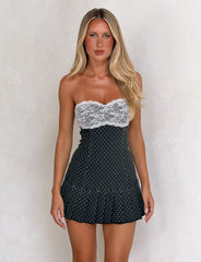 Kittie Lace Pleat Dress - Black Dot