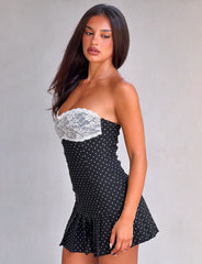 Kittie Lace Pleat Dress - Black Dot