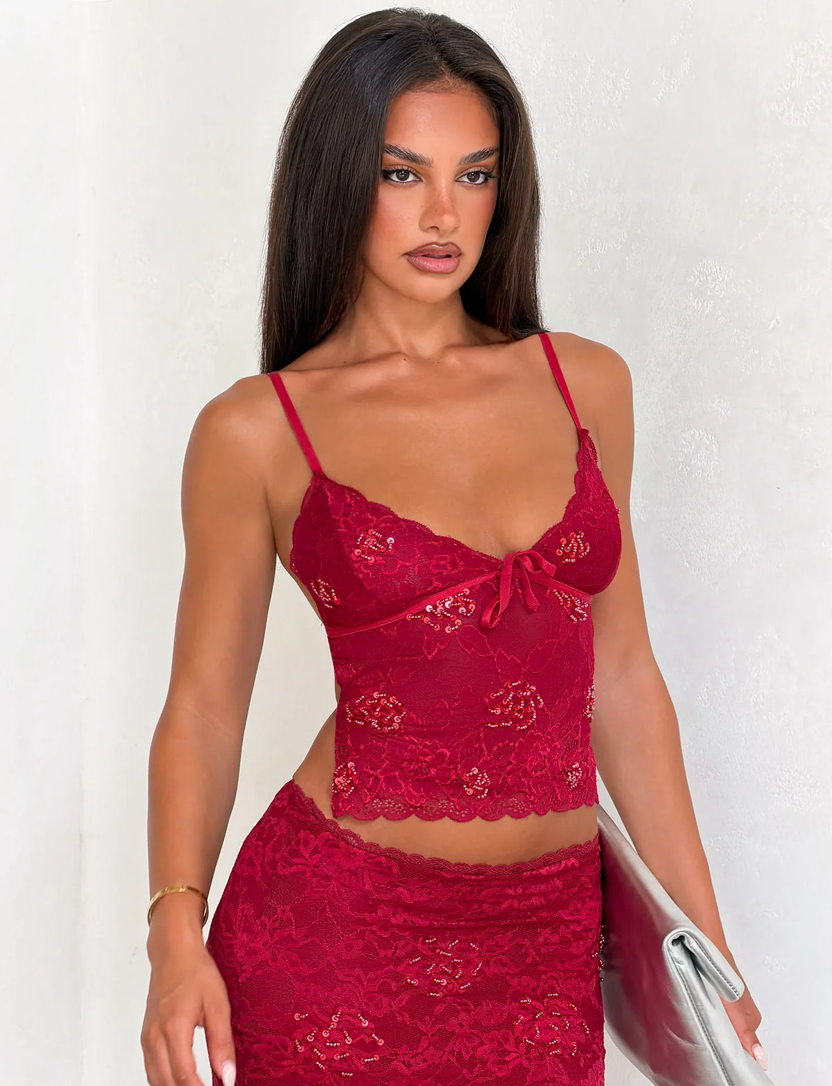 Kirra Beaded Sequin Lace Top - Red
